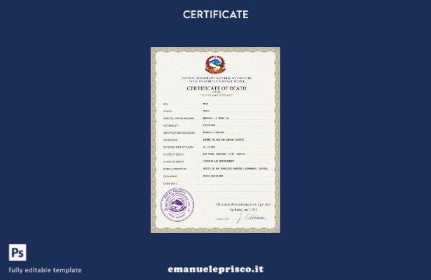 modello PSD del certificato di morte del documento di stato civile del Nepal in 